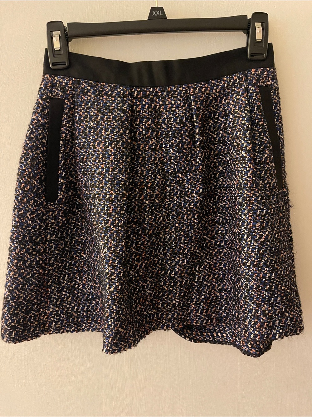 French Connection Navy Tweed A-Line Skirt with Black Trim